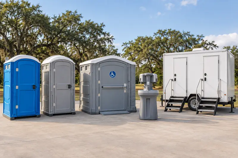 Portable toilets, accessible equipment, a handwashing station and restroom trailer